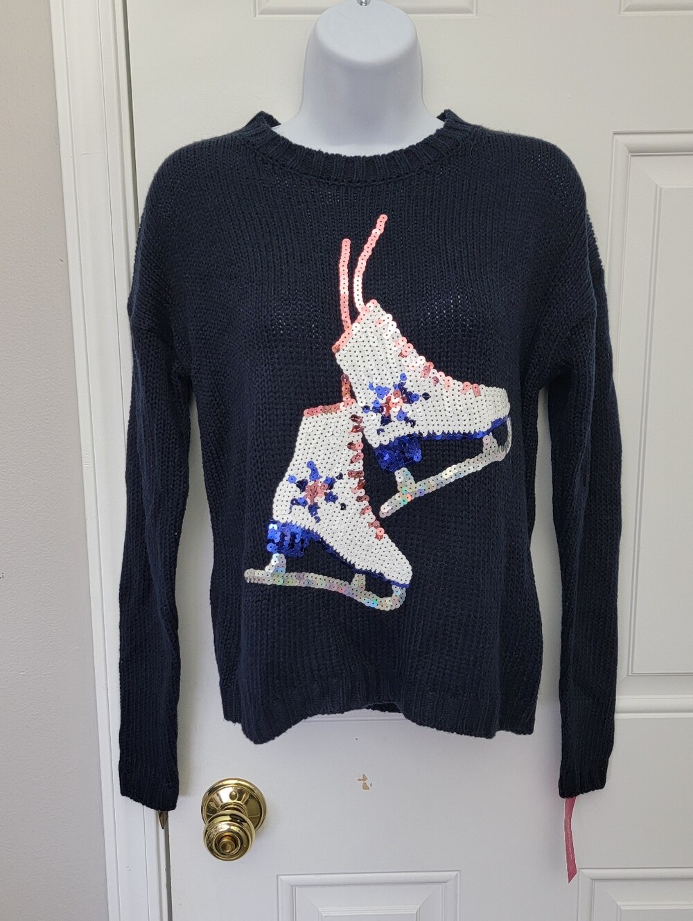 NWT Xhilaration Navy Knit Sweater Sequin Ice Skates Winter Cozy Size Small Cozy